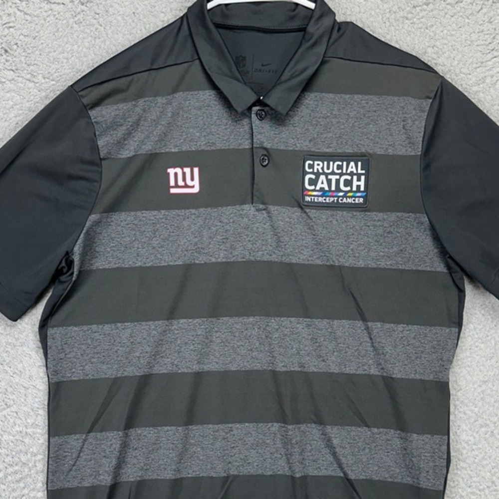 Nike Men’s Black and Gray Striped Polo with NY & Crucial Catch Logos